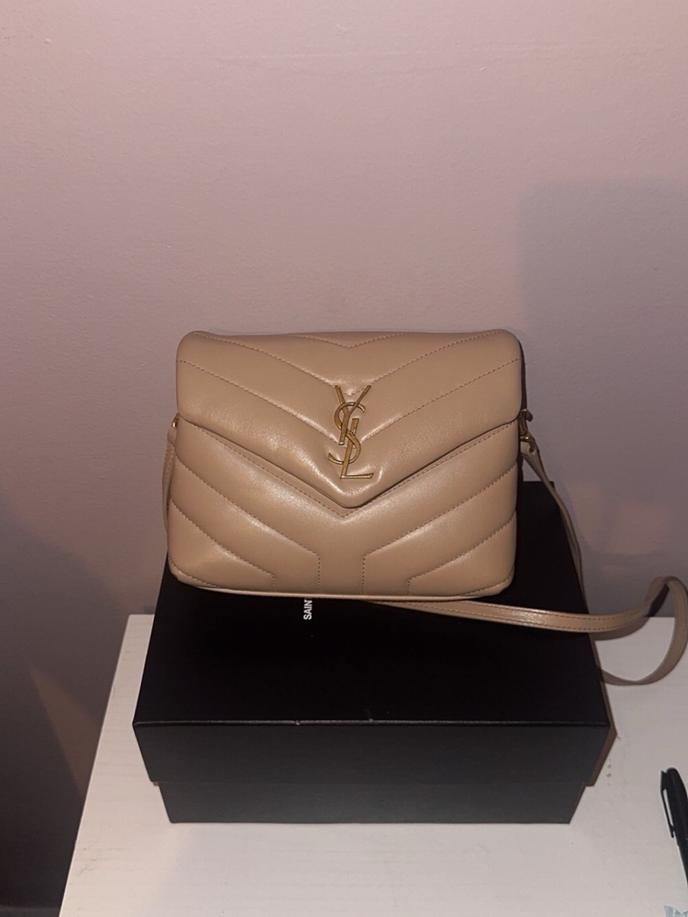 Yves Saint Laurent Beige Quilted Crossbody with Gold YSL Logo
